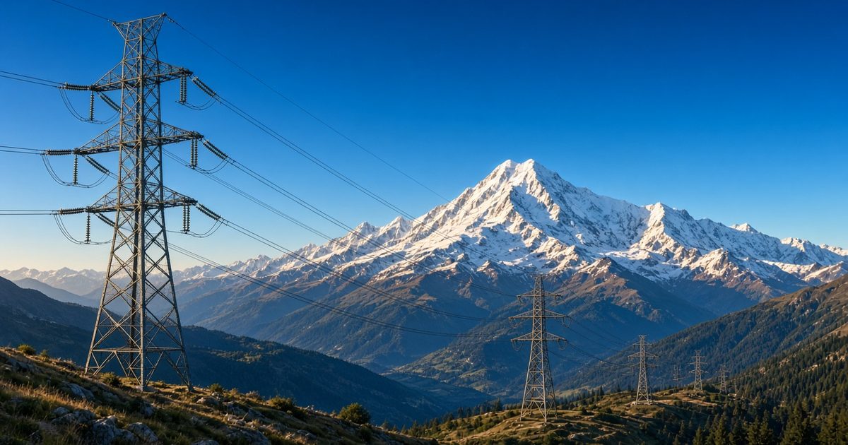 High-voltage power lines crossing a valley below a snow-capped mountain, under a clear blue sky