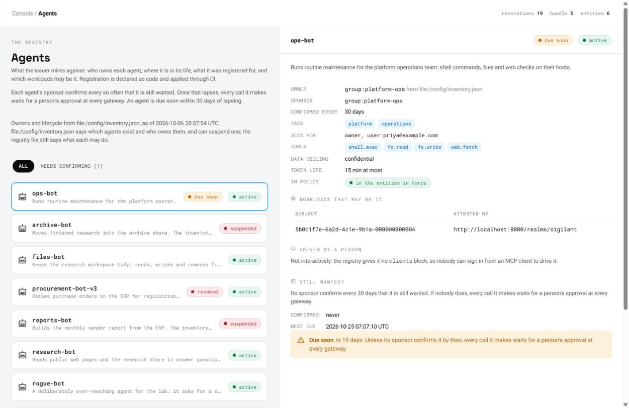 Console: the agent register, with each agent's owner, sponsor, tools and whether it is still wanted